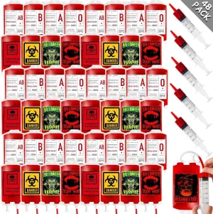 Garma 48 Pack Halloween Blood Bags for Drinks, 8 Design IV Bag for Drinks Reusable Drink Pouches Containers Jello shot Syringes and Clips Pouch Prop for Vampire Zombie Hospital Theme Party Supplies