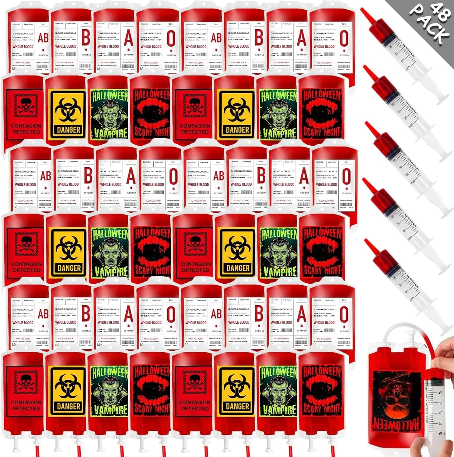Garma 48 Pack Halloween Blood Bags for Drinks, 8 Design IV Bag for Drinks Reusable Drink Pouches Containers Jello shot Syringes and Clips Pouch Prop for Vampire Zombie Hospital Theme Party Supplies