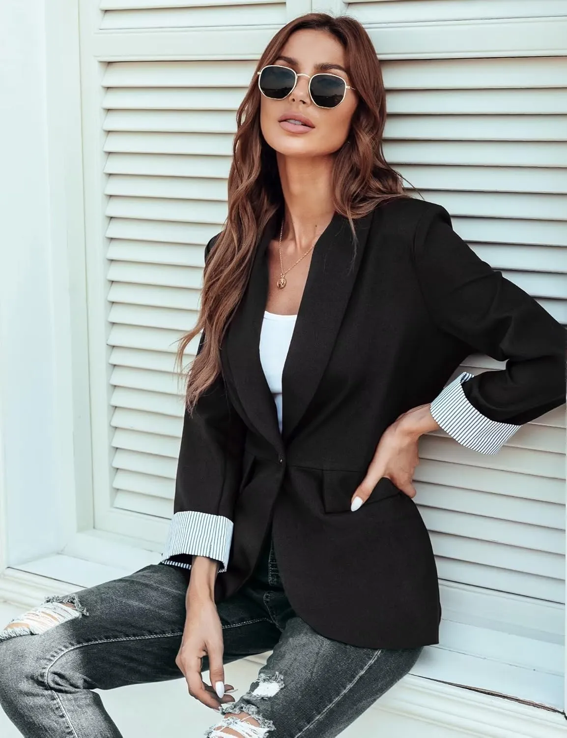 Genhoo Blazer Jackets for Women Open Front Long Sleeve Work Office Casual Blazers with Pockets S-2XL