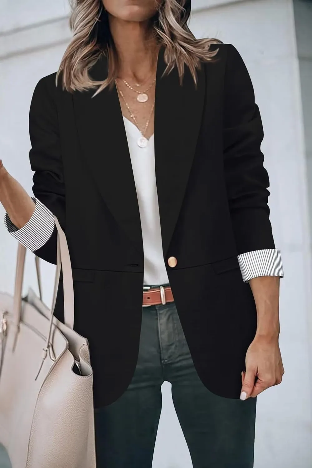 Genhoo Blazer Jackets for Women Open Front Long Sleeve Work Office Casual Blazers with Pockets S-2XL