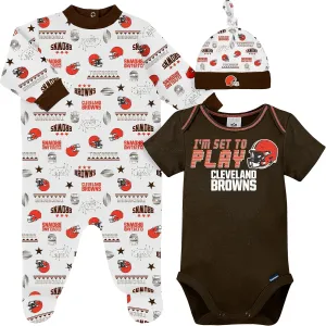 Gerber NFL Baby Boy Pack Footie Registry Gift 3 Piece Bodysuit Sleep n Play and Cap Set, Team Color, 0-3 Months US