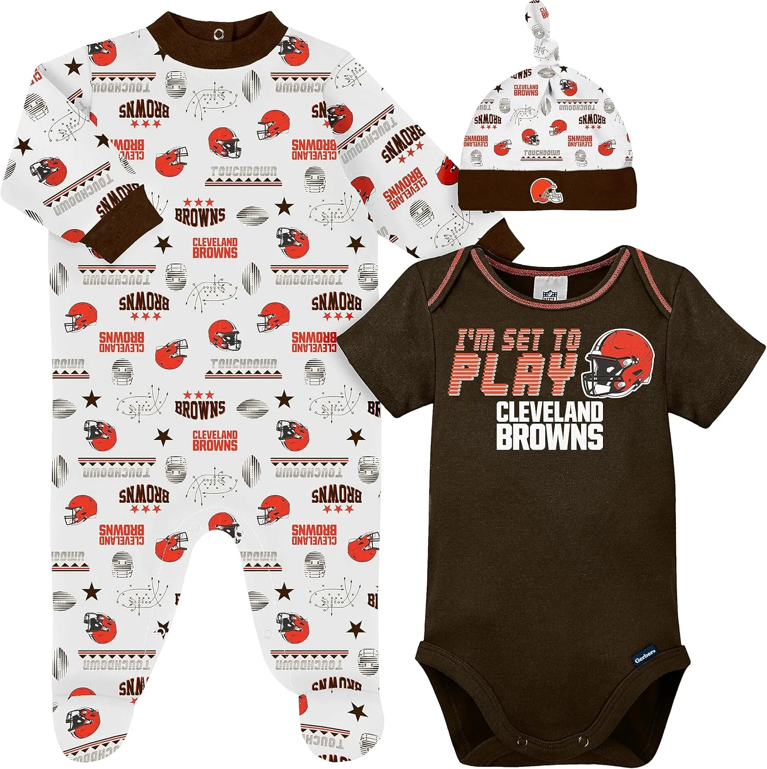 Gerber NFL Baby Boy Pack Footie Registry Gift 3 Piece Bodysuit Sleep n Play and Cap Set, Team Color, 0-3 Months US
