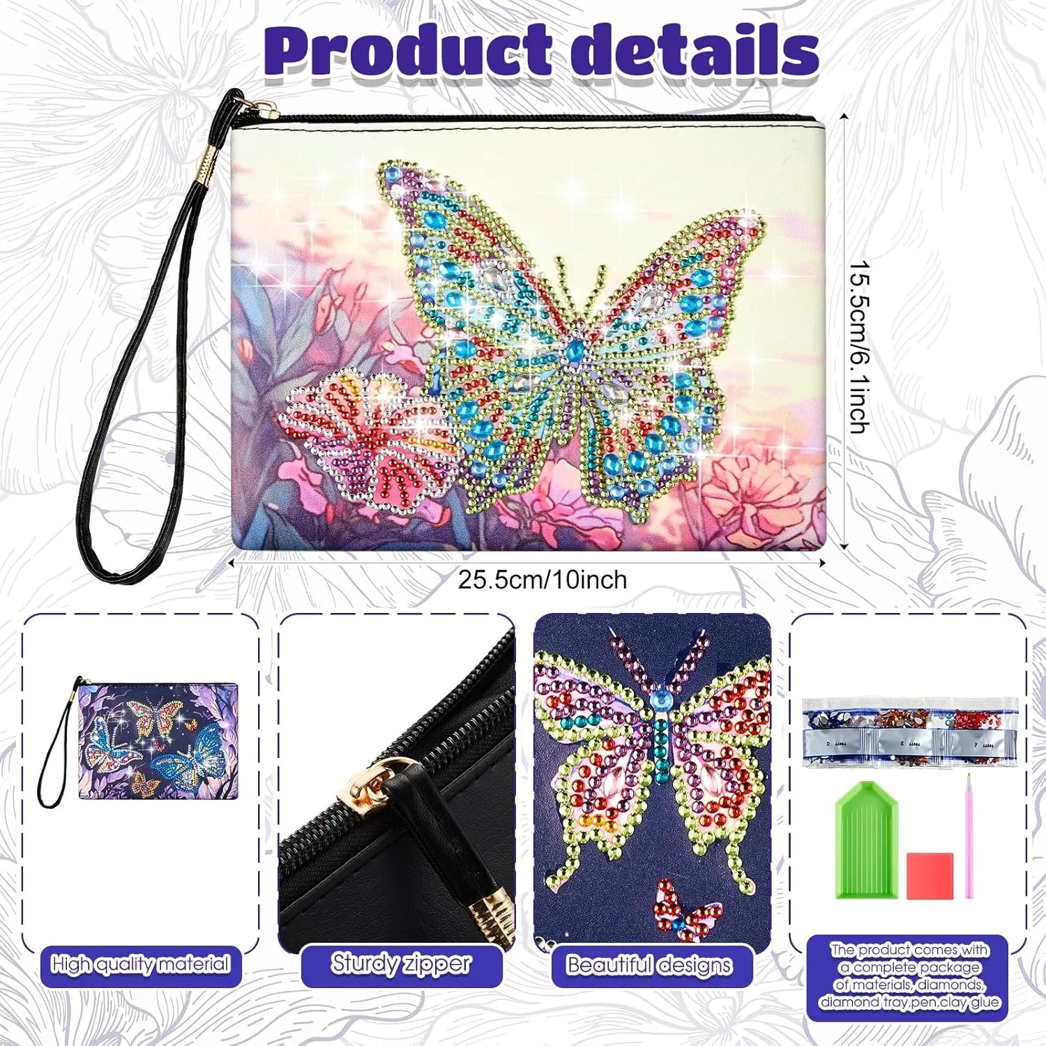 Geyoga 2 Pieces DIY Diamond Painting Purses 5d DIY Diamond Painting Handbag Art Wristlet Clutch Bag for Women Girls Art Craft Makeup Gift (Butterfly)