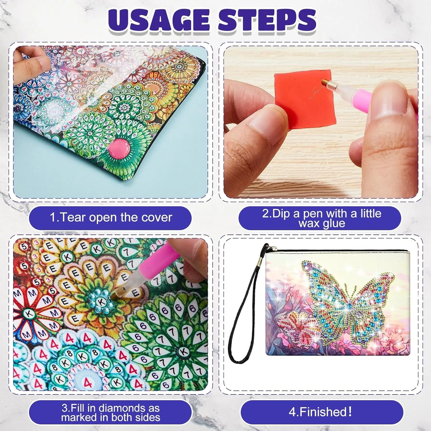 Geyoga 2 Pieces DIY Diamond Painting Purses 5d DIY Diamond Painting Handbag Art Wristlet Clutch Bag for Women Girls Art Craft Makeup Gift (Butterfly)