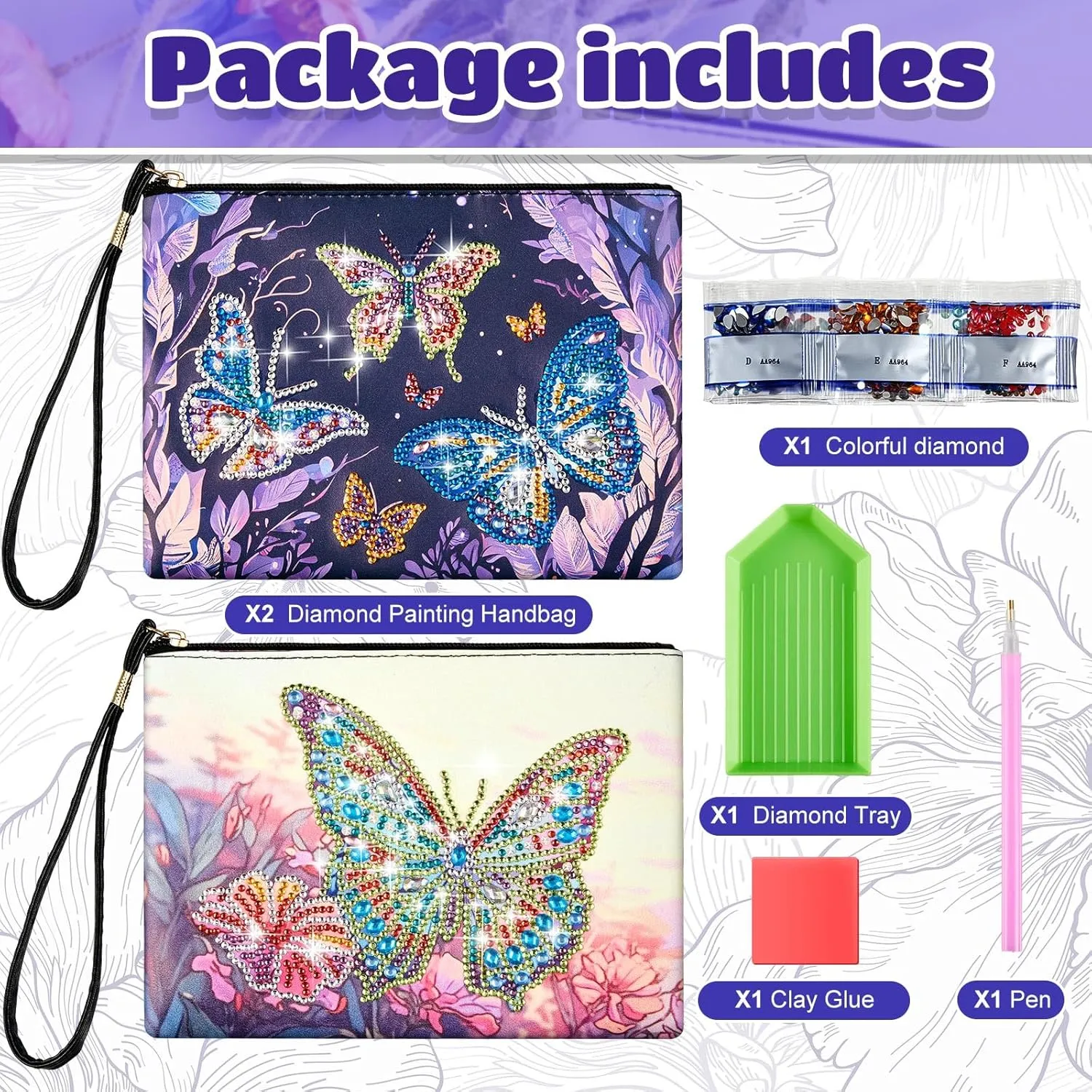 Geyoga 2 Pieces DIY Diamond Painting Purses 5d DIY Diamond Painting Handbag Art Wristlet Clutch Bag for Women Girls Art Craft Makeup Gift (Butterfly)