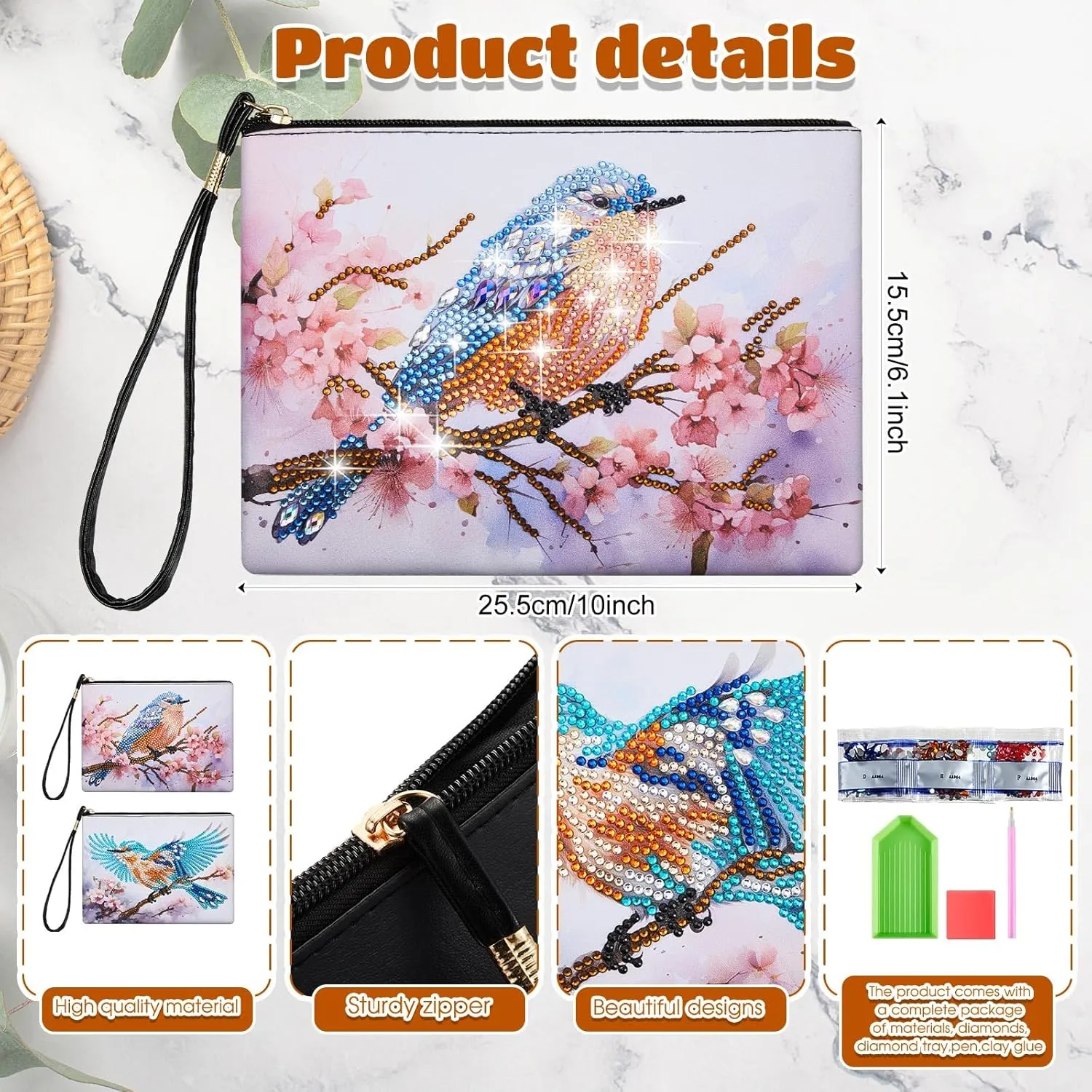Geyoga 2 Pieces DIY Diamond Painting Purses 5D DIY Diamond Painting Handbag Art Wristlet Clutch Bag for Women Girls Art Craft Makeup Gift (Hummingbird)