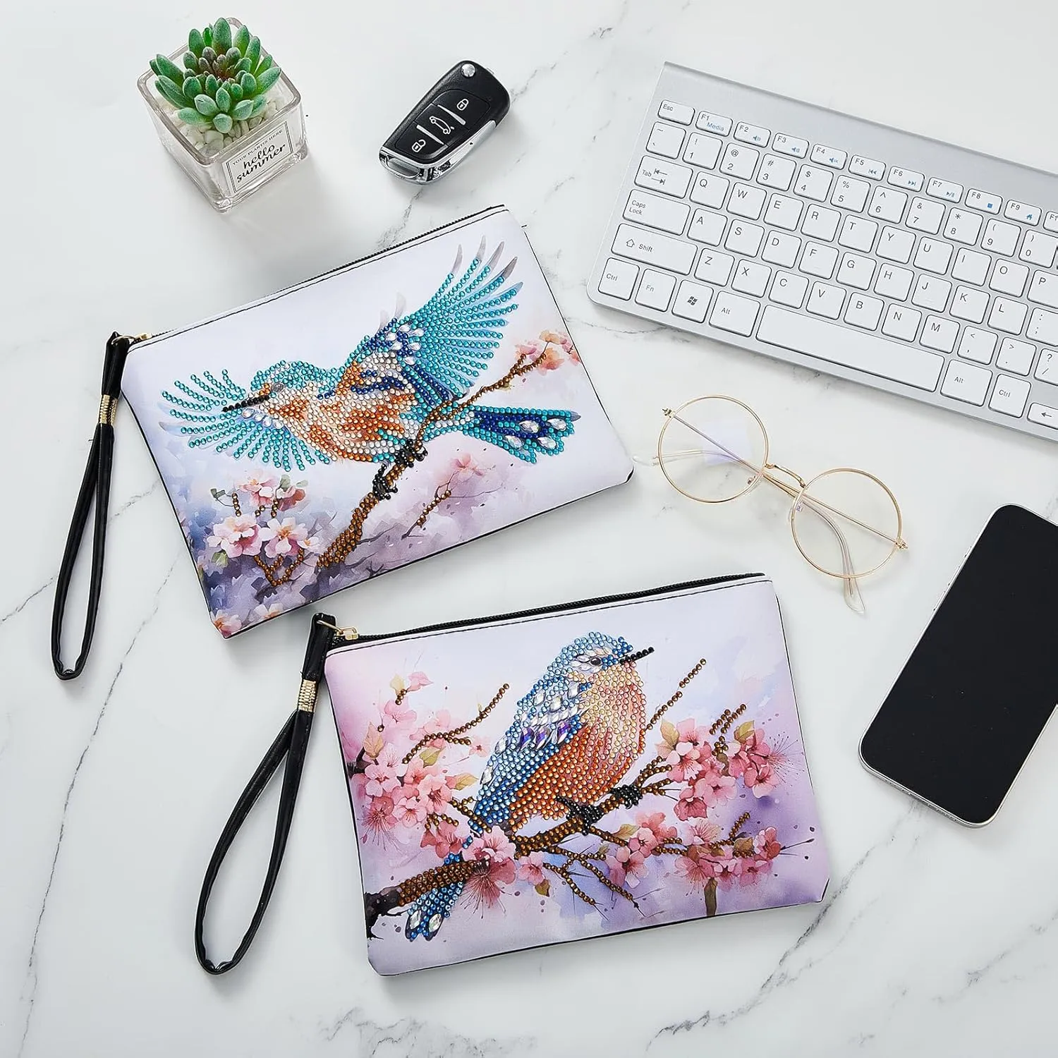Geyoga 2 Pieces DIY Diamond Painting Purses 5D DIY Diamond Painting Handbag Art Wristlet Clutch Bag for Women Girls Art Craft Makeup Gift (Hummingbird)