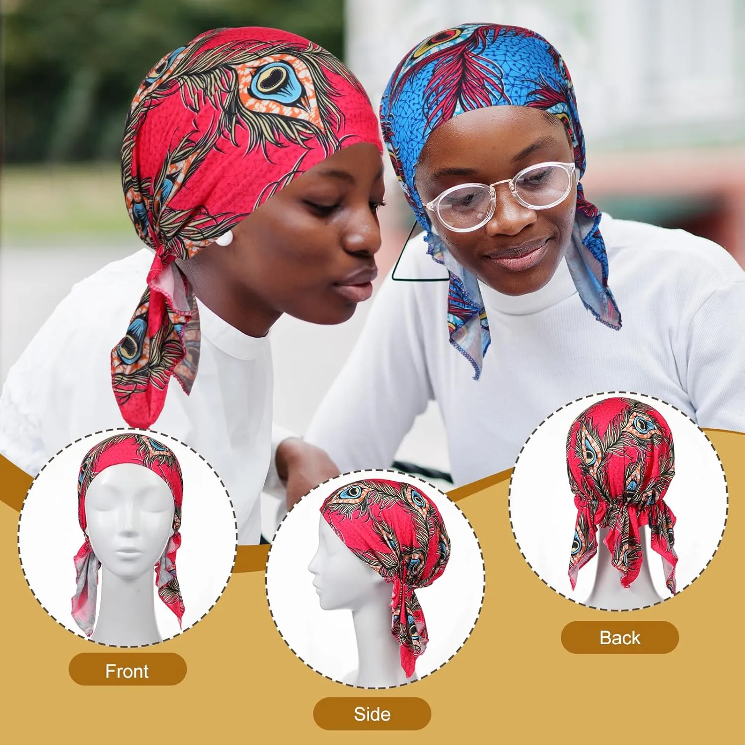 Geyoga 6 Pcs Women Head Scarf Pre-Tied Head Scarves Beanies Covers Cap Stretch Print Sleep Turban Hat Ruffle Beanie Scarf