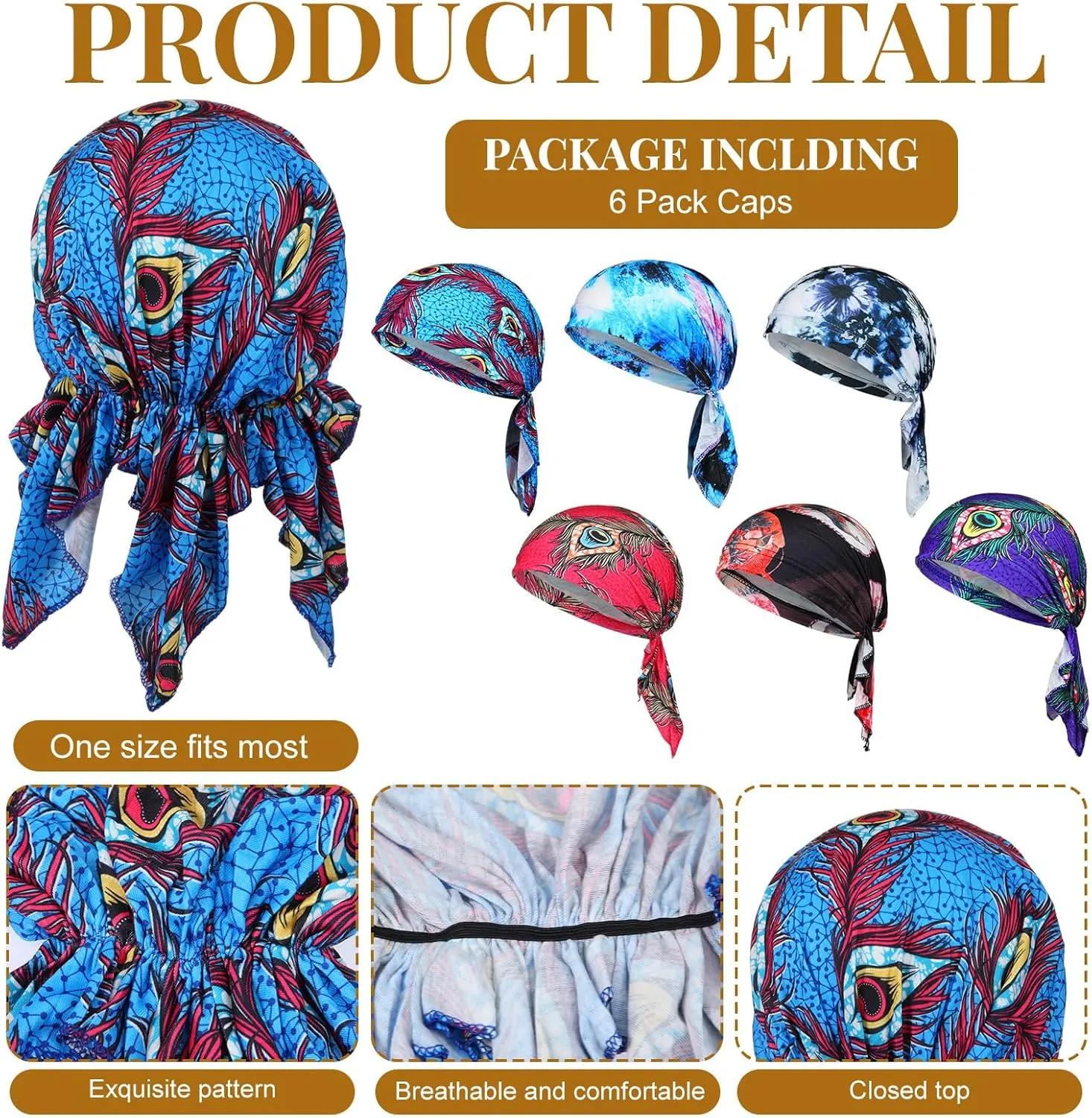 Geyoga 6 Pcs Women Head Scarf Pre-Tied Head Scarves Beanies Covers Cap Stretch Print Sleep Turban Hat Ruffle Beanie Scarf
