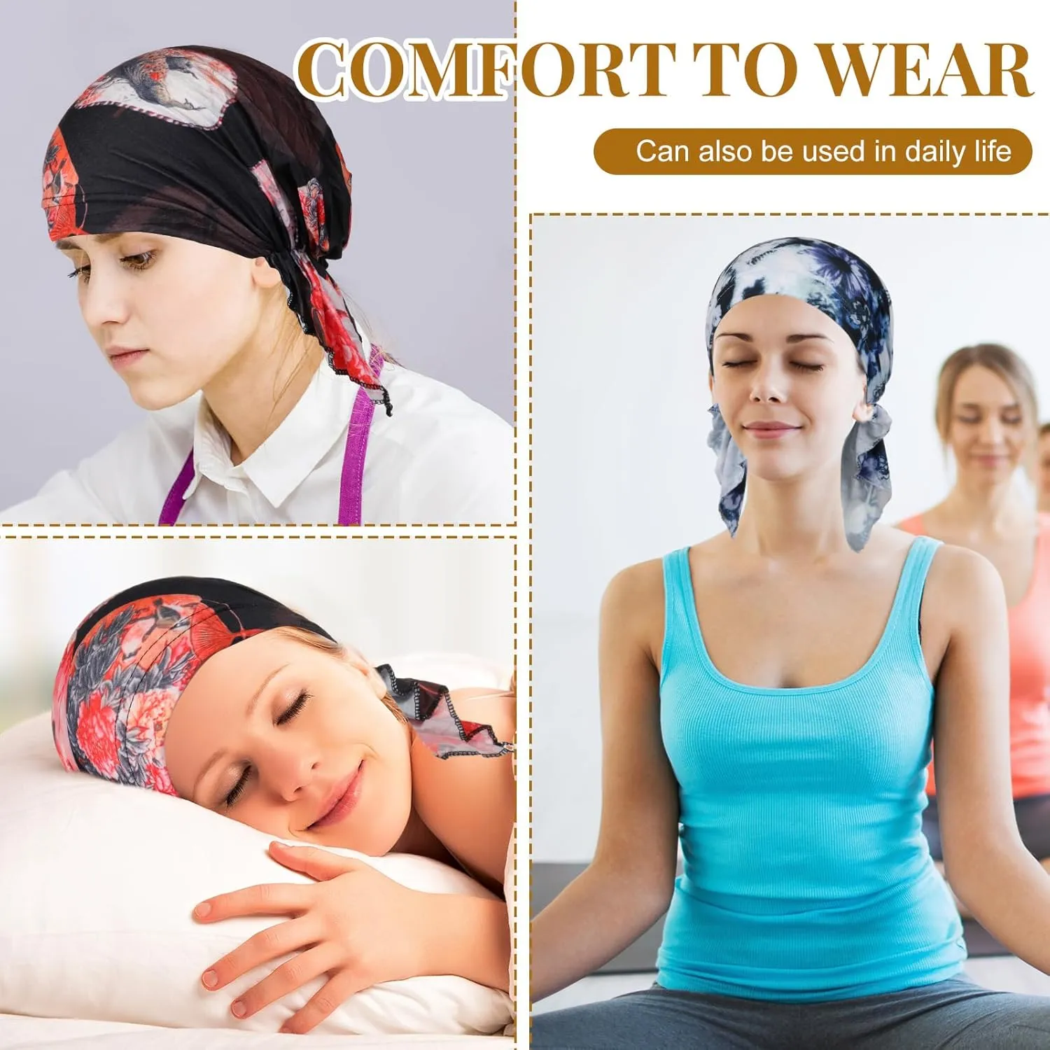 Geyoga 6 Pcs Women Head Scarf Pre-Tied Head Scarves Beanies Covers Cap Stretch Print Sleep Turban Hat Ruffle Beanie Scarf