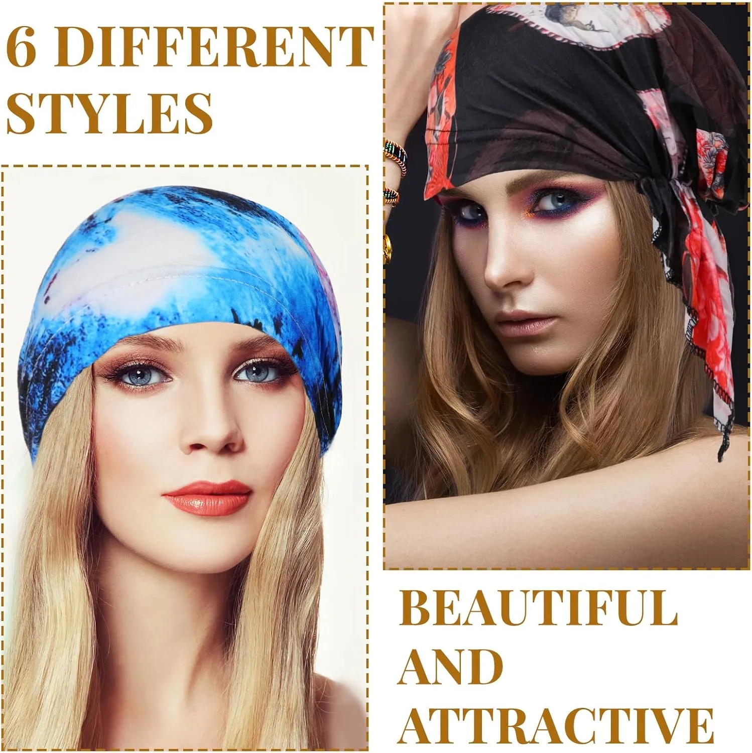 Geyoga 6 Pcs Women Head Scarf Pre-Tied Head Scarves Beanies Covers Cap Stretch Print Sleep Turban Hat Ruffle Beanie Scarf