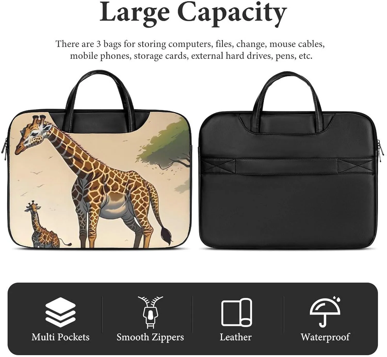 Giraffe Laptop Bag for Women Handheld Leather Computer Bag Laptop Messenger Bag Briefcase
