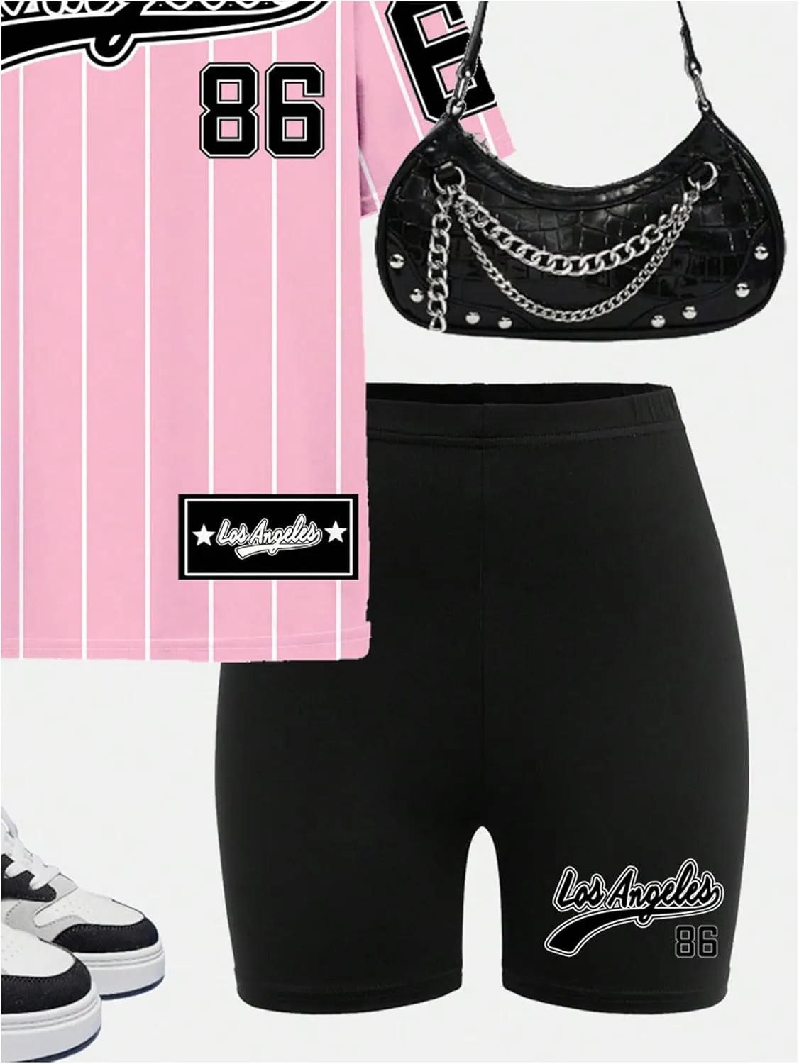 Girl's 2 Piece Baseball Summer Outfits Striped Graphic Jersey Shirt and Biker Shorts Set