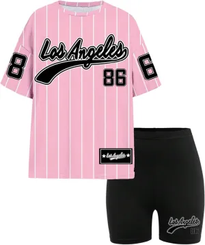 Girl's 2 Piece Baseball Summer Outfits Striped Graphic Jersey Shirt and Biker Shorts Set