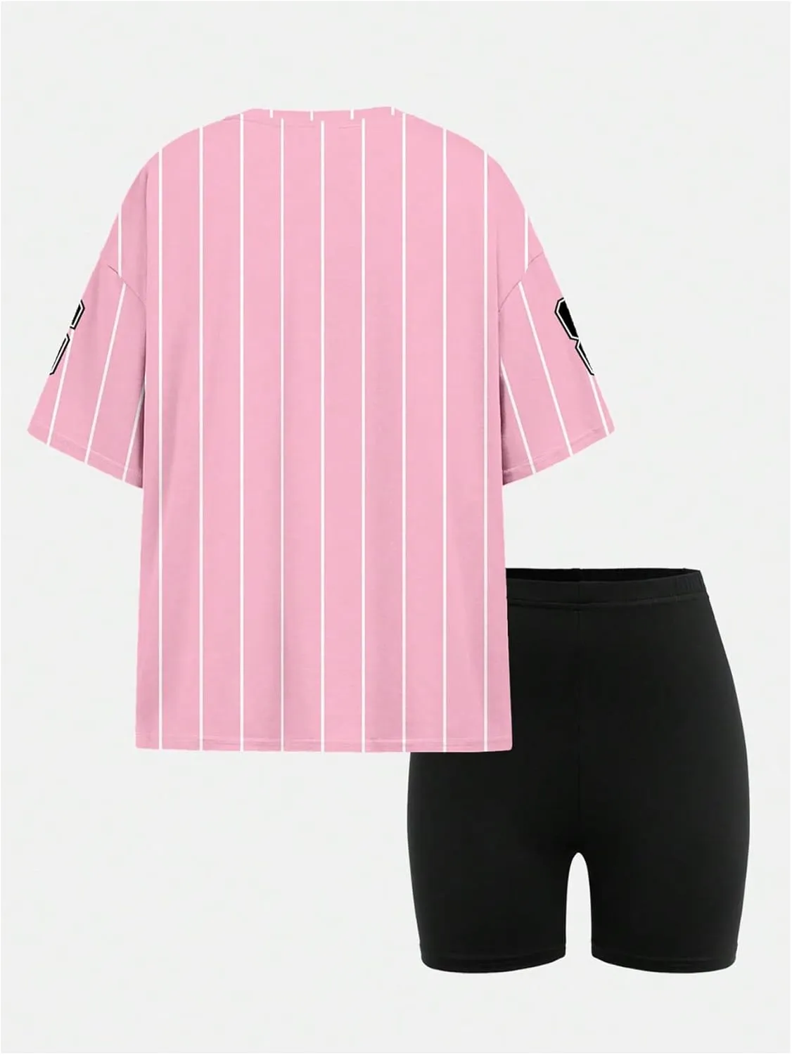 Girl's 2 Piece Baseball Summer Outfits Striped Graphic Jersey Shirt and Biker Shorts Set