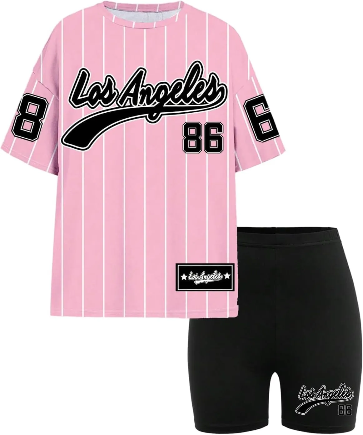 Girl's 2 Piece Baseball Summer Outfits Striped Graphic Jersey Shirt and Biker Shorts Set