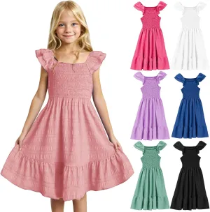 Girls Dresses Double Pleated Sleeve Square Neck Off Shoulder Tween Sundress Smocked Flowy Dress Size 5-16