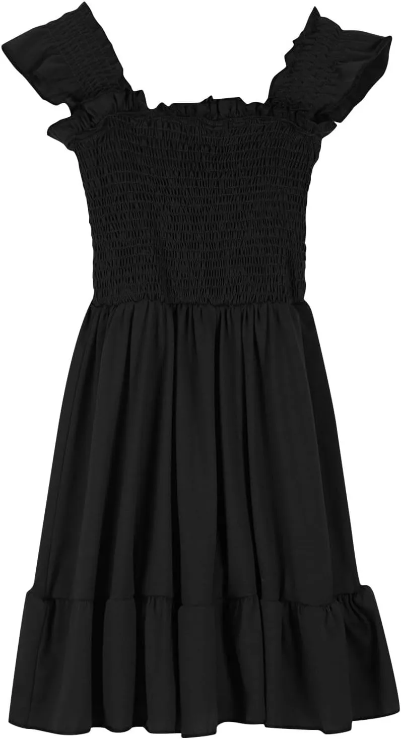 Girls Dresses Double Pleated Sleeve Square Neck Off Shoulder Tween Sundress Smocked Flowy Dress Size 5-16