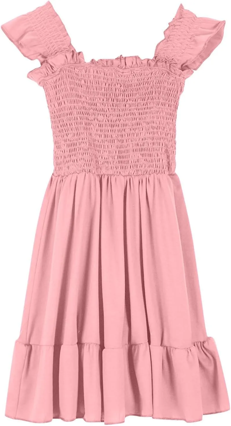 Girls Dresses Double Pleated Sleeve Square Neck Off Shoulder Tween Sundress Smocked Flowy Dress Size 5-16