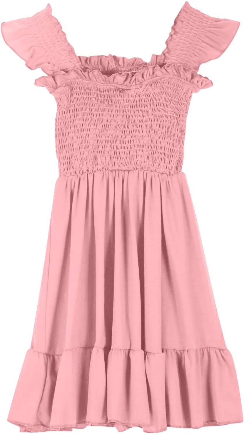 Girls Dresses Double Pleated Sleeve Square Neck Off Shoulder Tween Sundress Smocked Flowy Dress Size 5-16