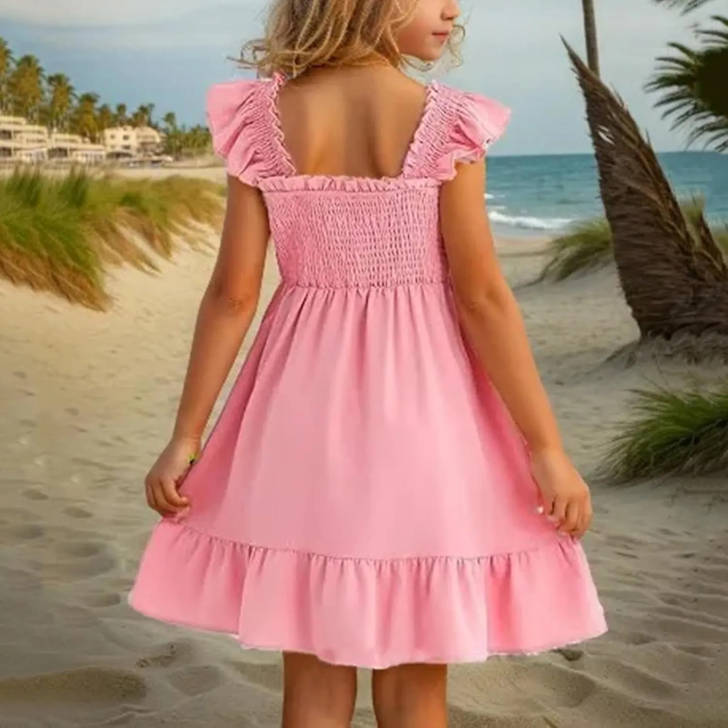 Girls Dresses Double Pleated Sleeve Square Neck Off Shoulder Tween Sundress Smocked Flowy Dress Size 5-16