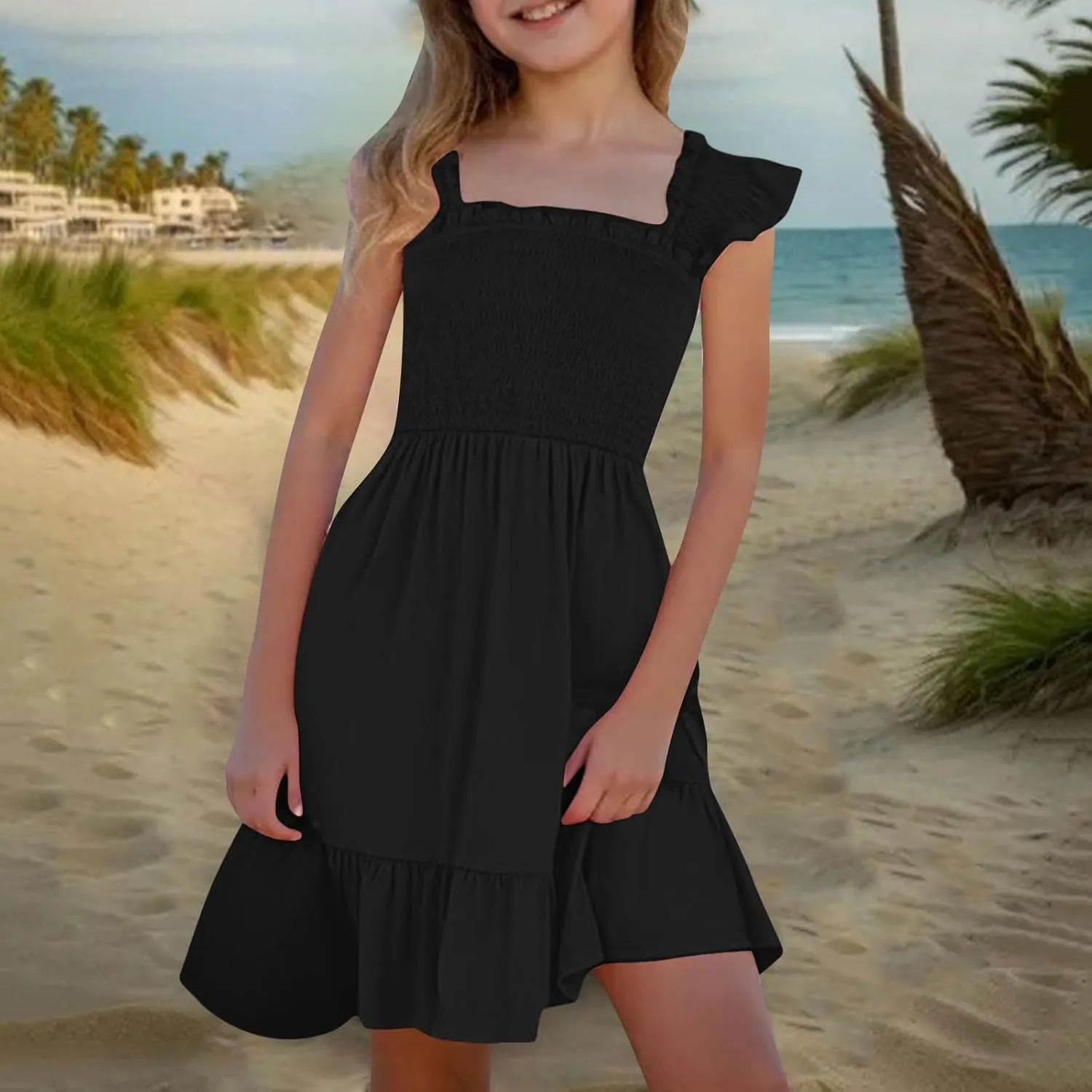 Girls Dresses Double Pleated Sleeve Square Neck Off Shoulder Tween Sundress Smocked Flowy Dress Size 5-16