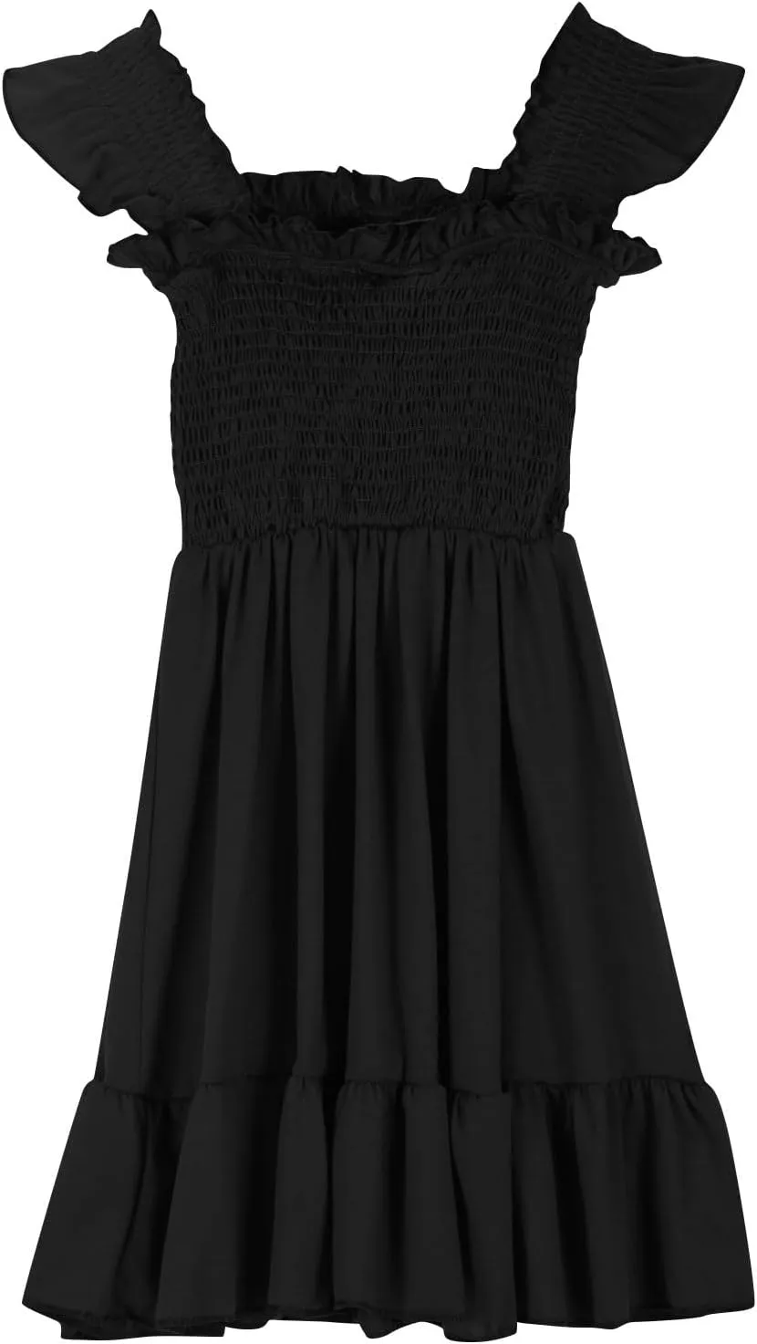 Girls Dresses Double Pleated Sleeve Square Neck Off Shoulder Tween Sundress Smocked Flowy Dress Size 5-16