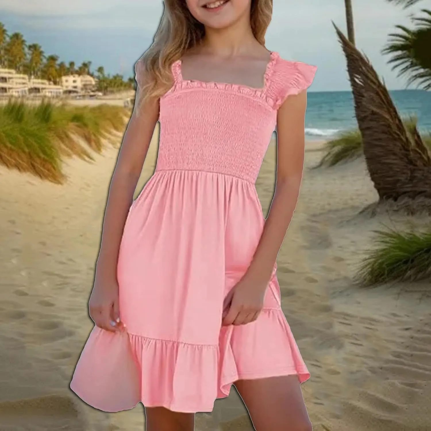 Girls Dresses Double Pleated Sleeve Square Neck Off Shoulder Tween Sundress Smocked Flowy Dress Size 5-16
