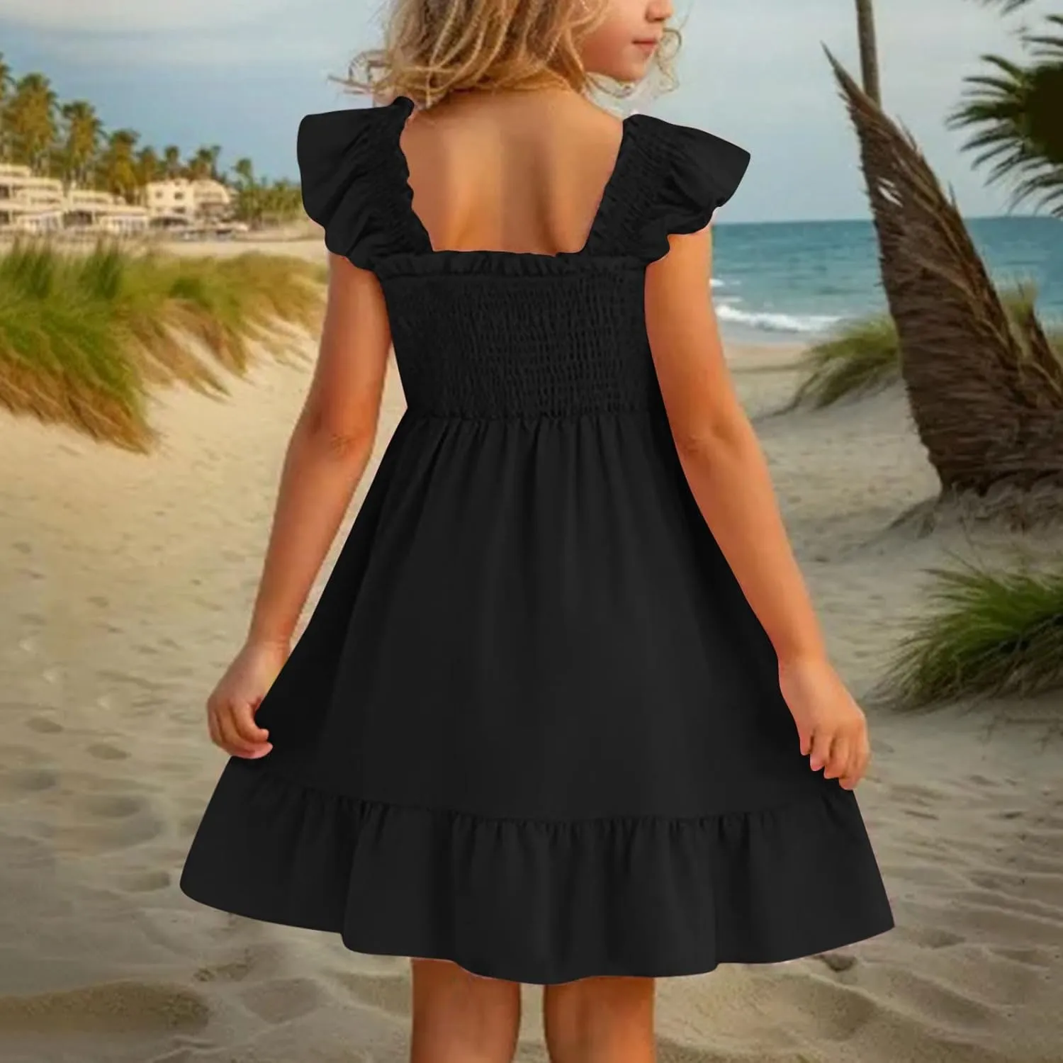 Girls Dresses Double Pleated Sleeve Square Neck Off Shoulder Tween Sundress Smocked Flowy Dress Size 5-16