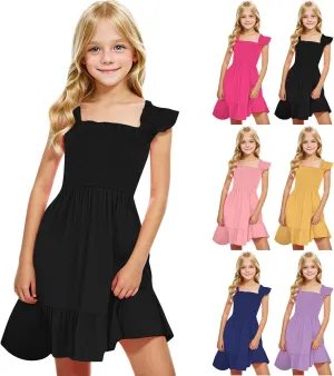 Girls Dresses Double Pleated Sleeve Square Neck Off Shoulder Tween Sundress Smocked Flowy Dress Size 5-16