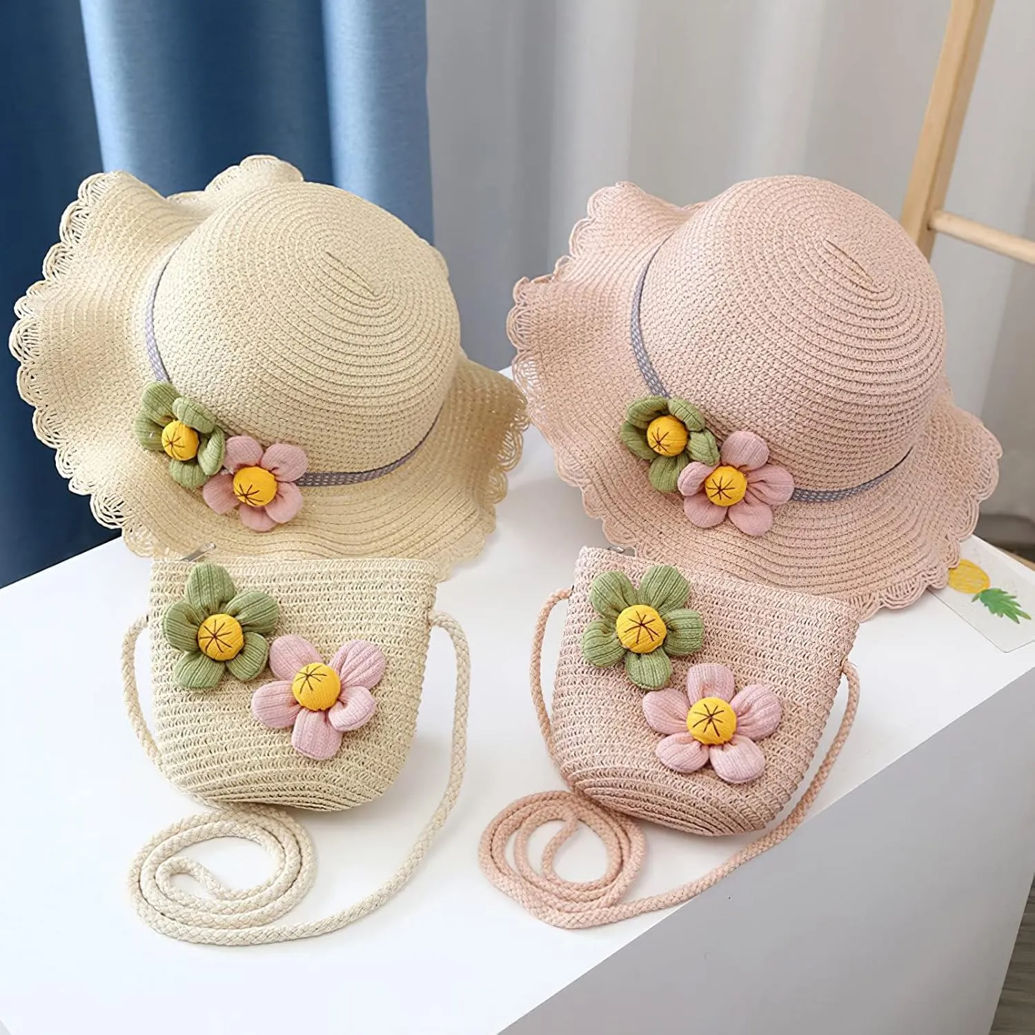 Girls Straw Hat Purse Bag Set Lace Brim Flowers Pearl Summer Beach Sun Hat Princess Shoulder Crossbody Bag Chin Strap