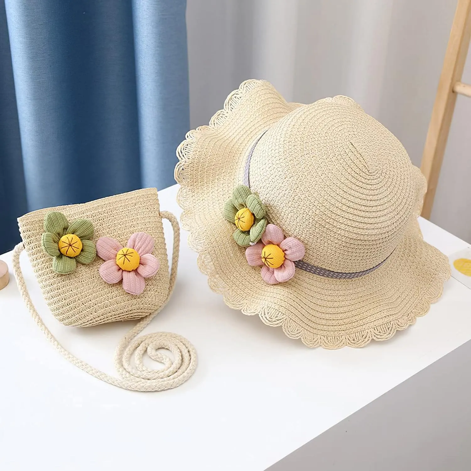 Girls Straw Hat Purse Bag Set Lace Brim Flowers Pearl Summer Beach Sun Hat Princess Shoulder Crossbody Bag Chin Strap