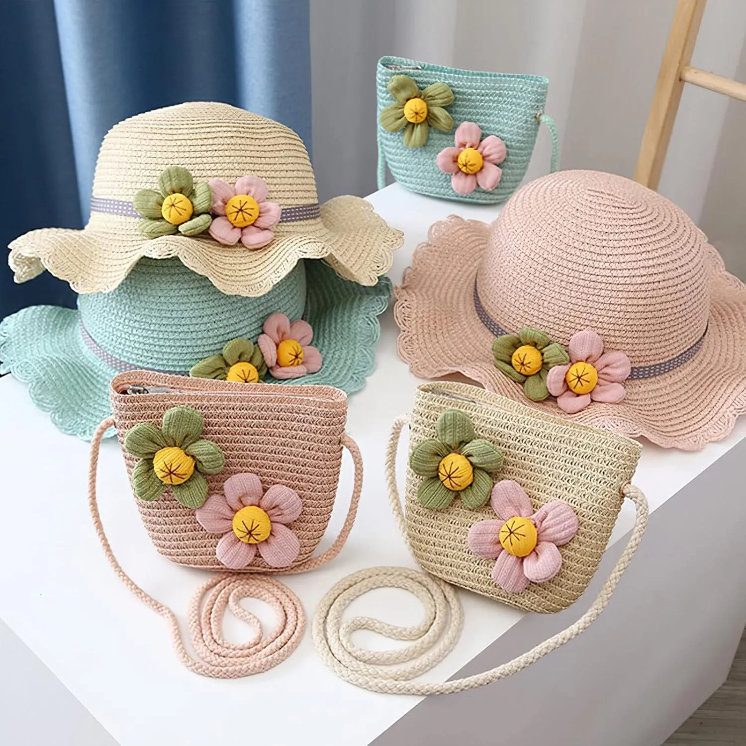 Girls Straw Hat Purse Bag Set Lace Brim Flowers Pearl Summer Beach Sun Hat Princess Shoulder Crossbody Bag Chin Strap