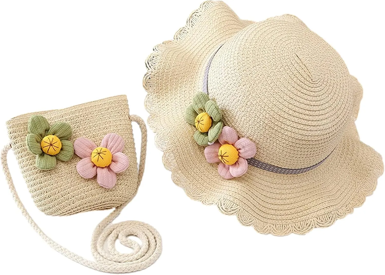 Girls Straw Hat Purse Bag Set Lace Brim Flowers Pearl Summer Beach Sun Hat Princess Shoulder Crossbody Bag Chin Strap