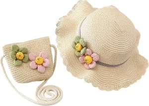 Girls Straw Hat Purse Bag Set Lace Brim Flowers Pearl Summer Beach Sun Hat Princess Shoulder Crossbody Bag Chin Strap