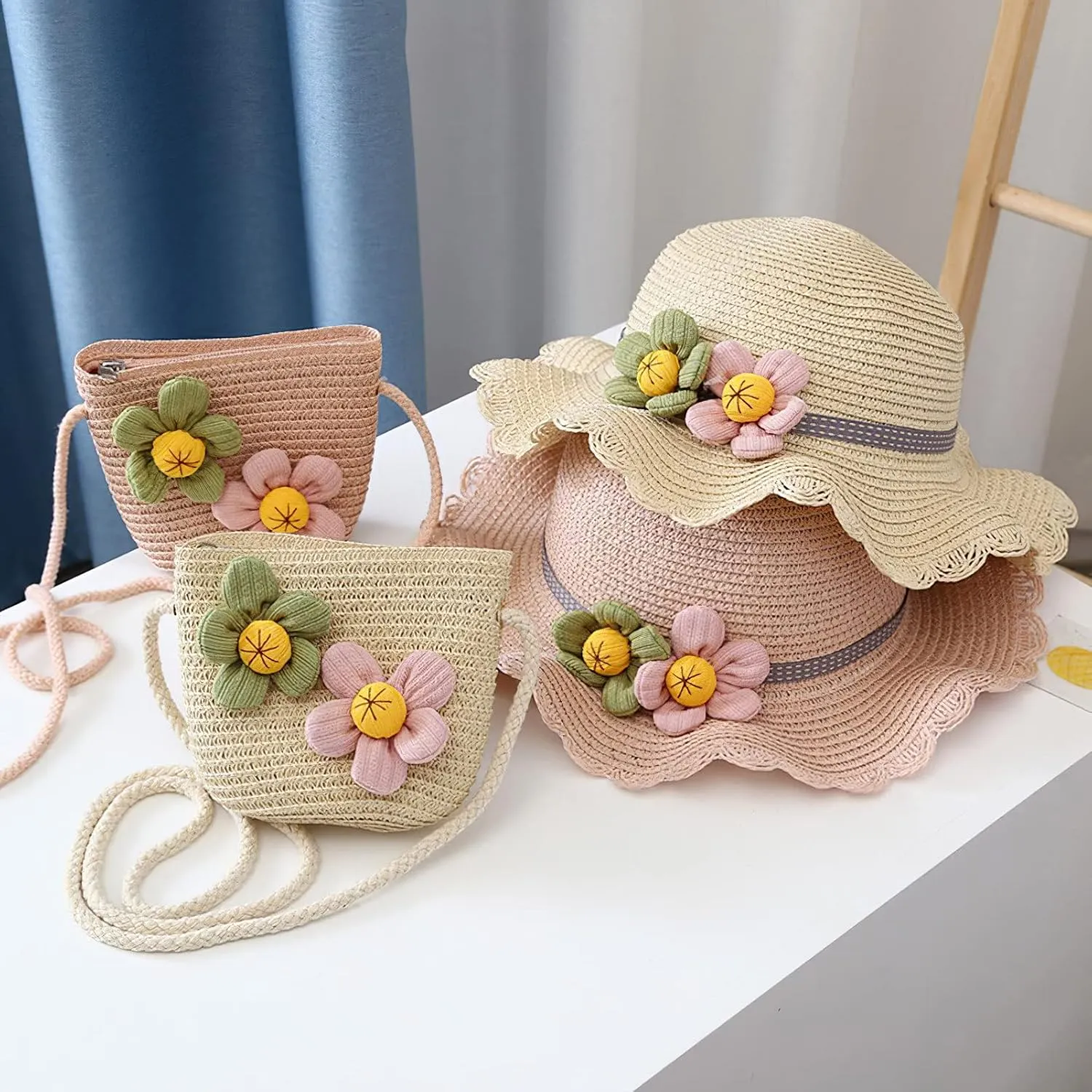 Girls Straw Hat Purse Bag Set Lace Brim Flowers Pearl Summer Beach Sun Hat Princess Shoulder Crossbody Bag Chin Strap