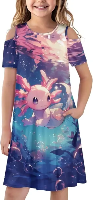 Girls Summer Dresses 3-14Y Kids Cold Shoulder Dress Short Sleeve Mini Under The Sea Sundress with Pockets