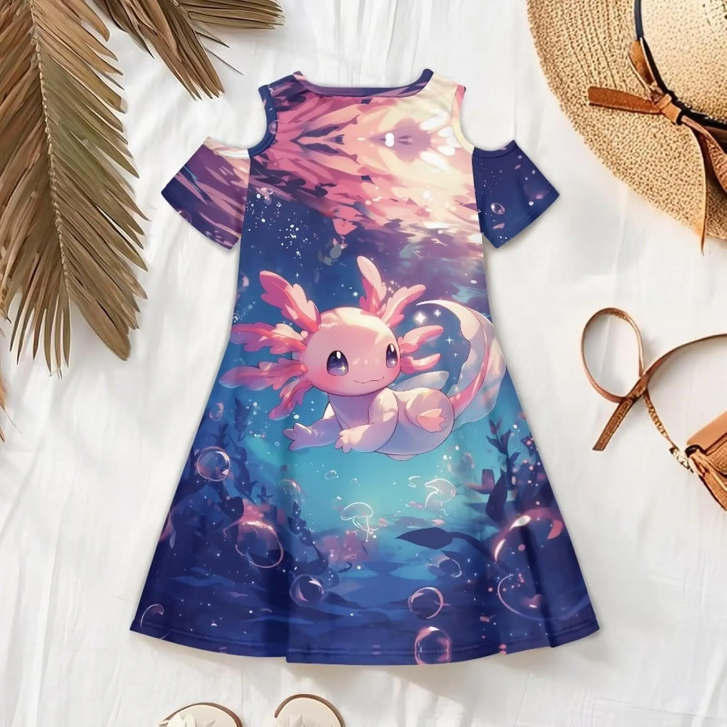 Girls Summer Dresses 3-14Y Kids Cold Shoulder Dress Short Sleeve Mini Under The Sea Sundress with Pockets