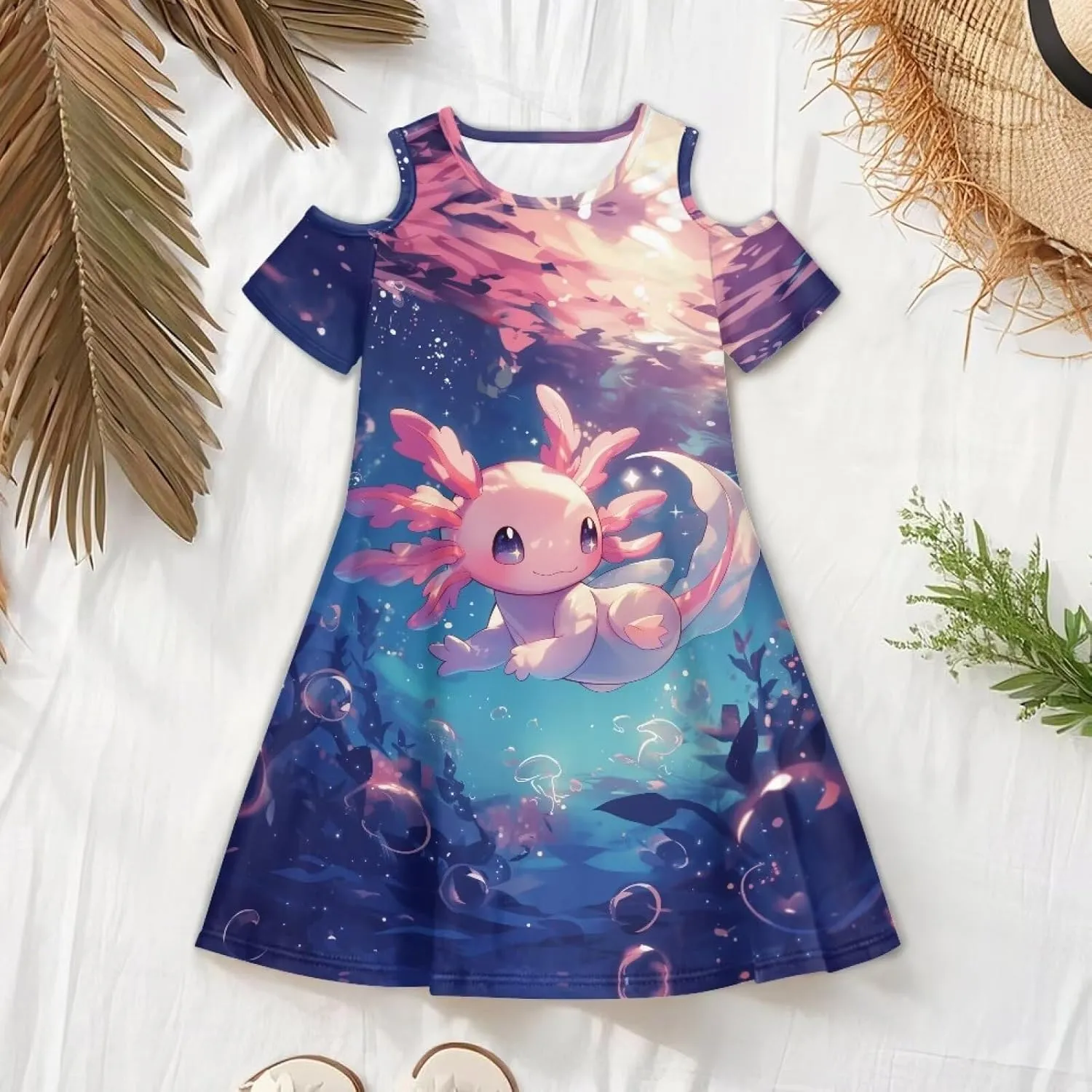 Girls Summer Dresses 3-14Y Kids Cold Shoulder Dress Short Sleeve Mini Under The Sea Sundress with Pockets