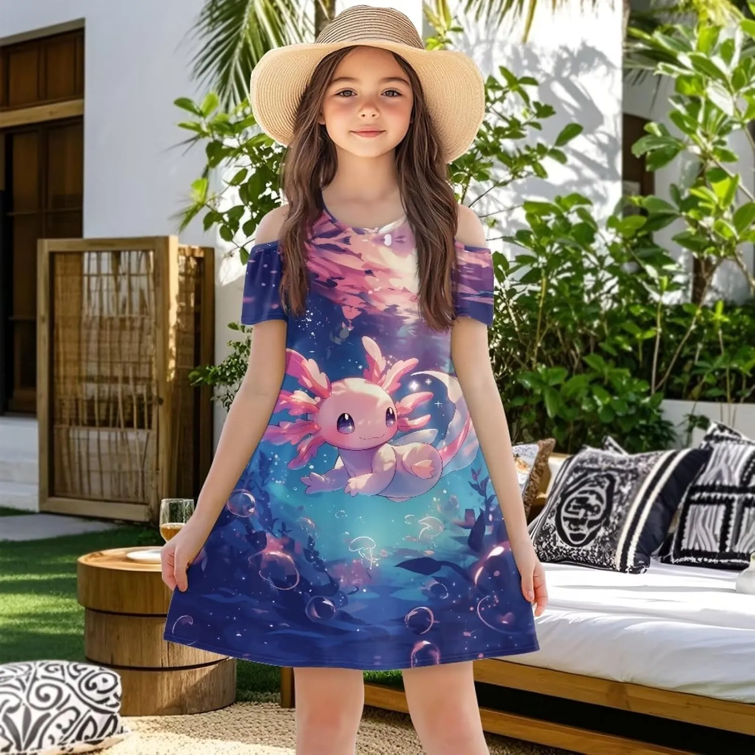 Girls Summer Dresses 3-14Y Kids Cold Shoulder Dress Short Sleeve Mini Under The Sea Sundress with Pockets