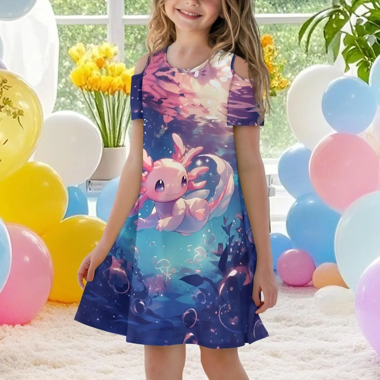 Girls Summer Dresses 3-14Y Kids Cold Shoulder Dress Short Sleeve Mini Under The Sea Sundress with Pockets