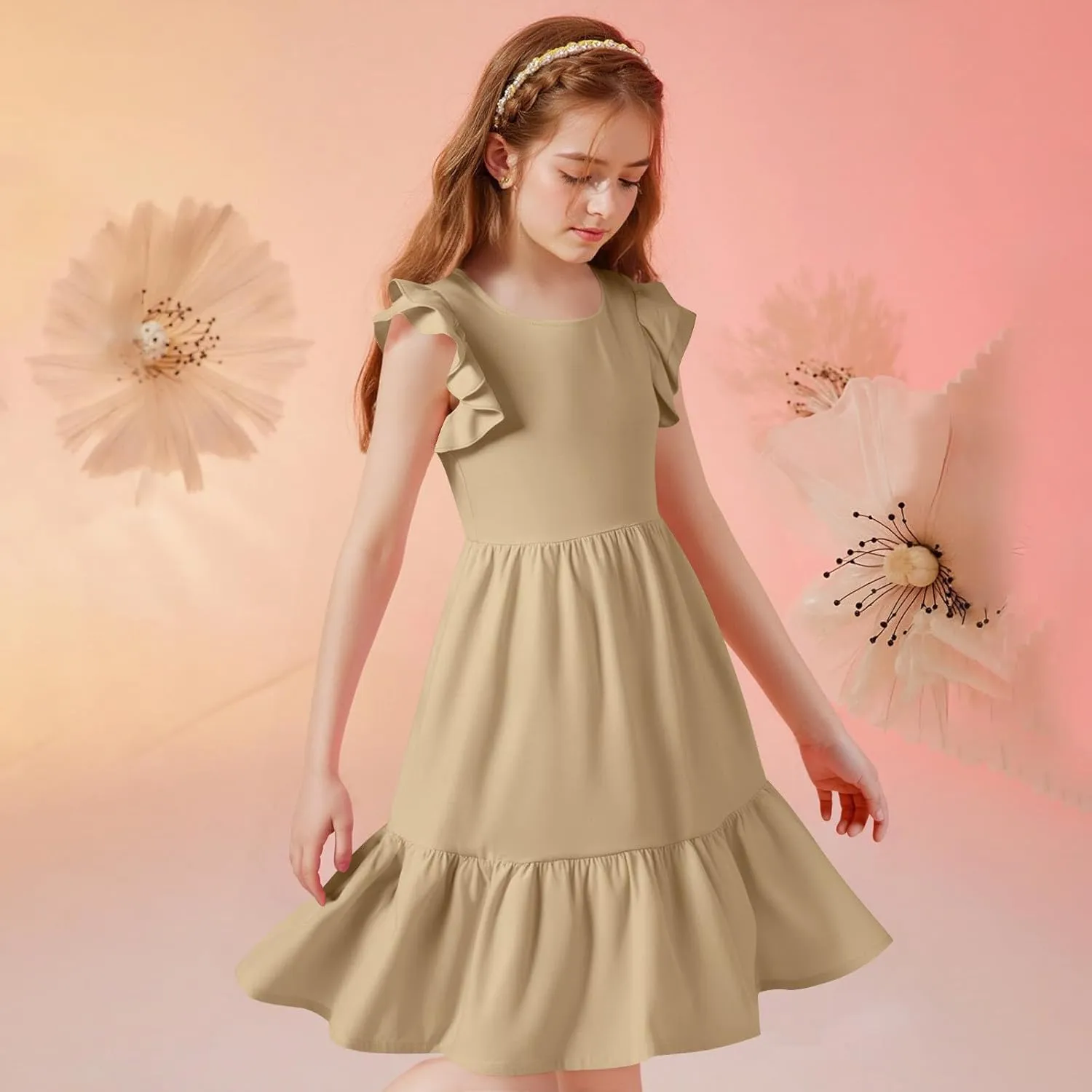 Girl's Summer Dresses Double Layer Ruffle Sleeve Dress Boho A Line Dress Swing Twirly Sundress Kids Casual Dresses