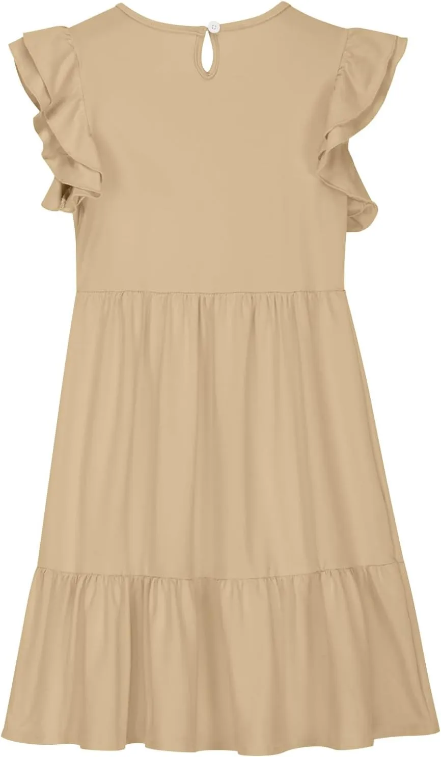 Girl's Summer Dresses Double Layer Ruffle Sleeve Dress Boho A Line Dress Swing Twirly Sundress Kids Casual Dresses
