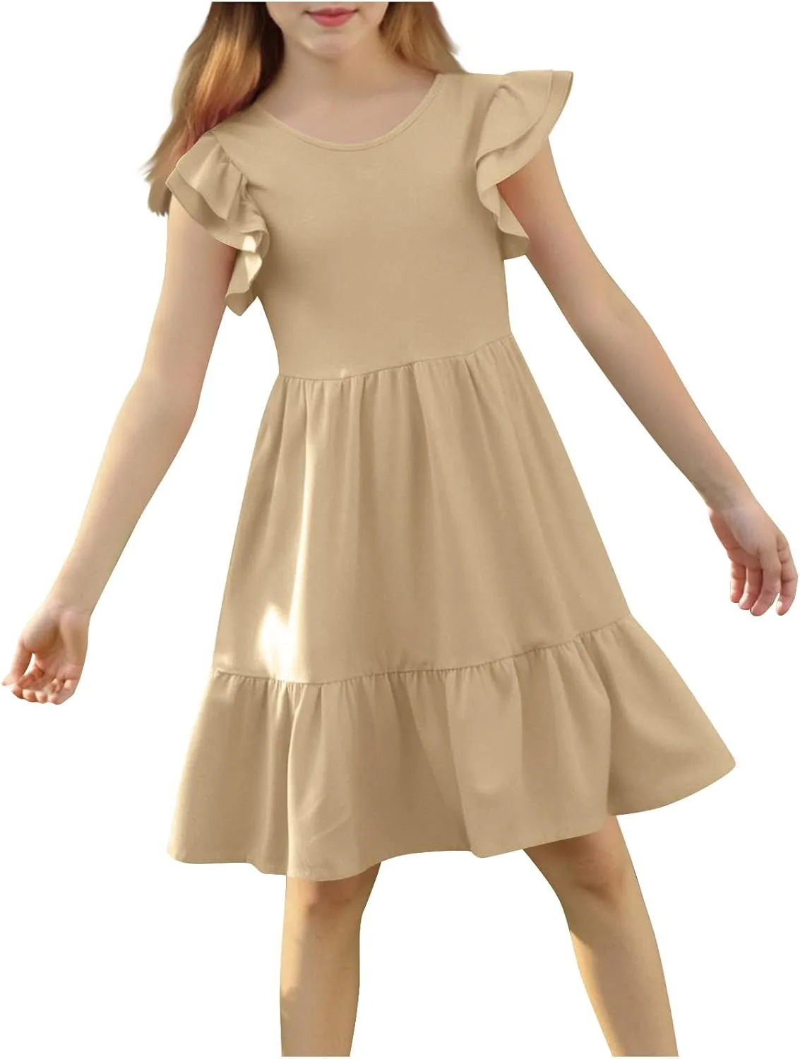 Girl's Summer Dresses Double Layer Ruffle Sleeve Dress Boho A Line Dress Swing Twirly Sundress Kids Casual Dresses