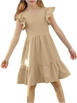 Girl's Summer Dresses Double Layer Ruffle Sleeve Dress Boho A Line Dress Swing Twirly Sundress Kids Casual Dresses