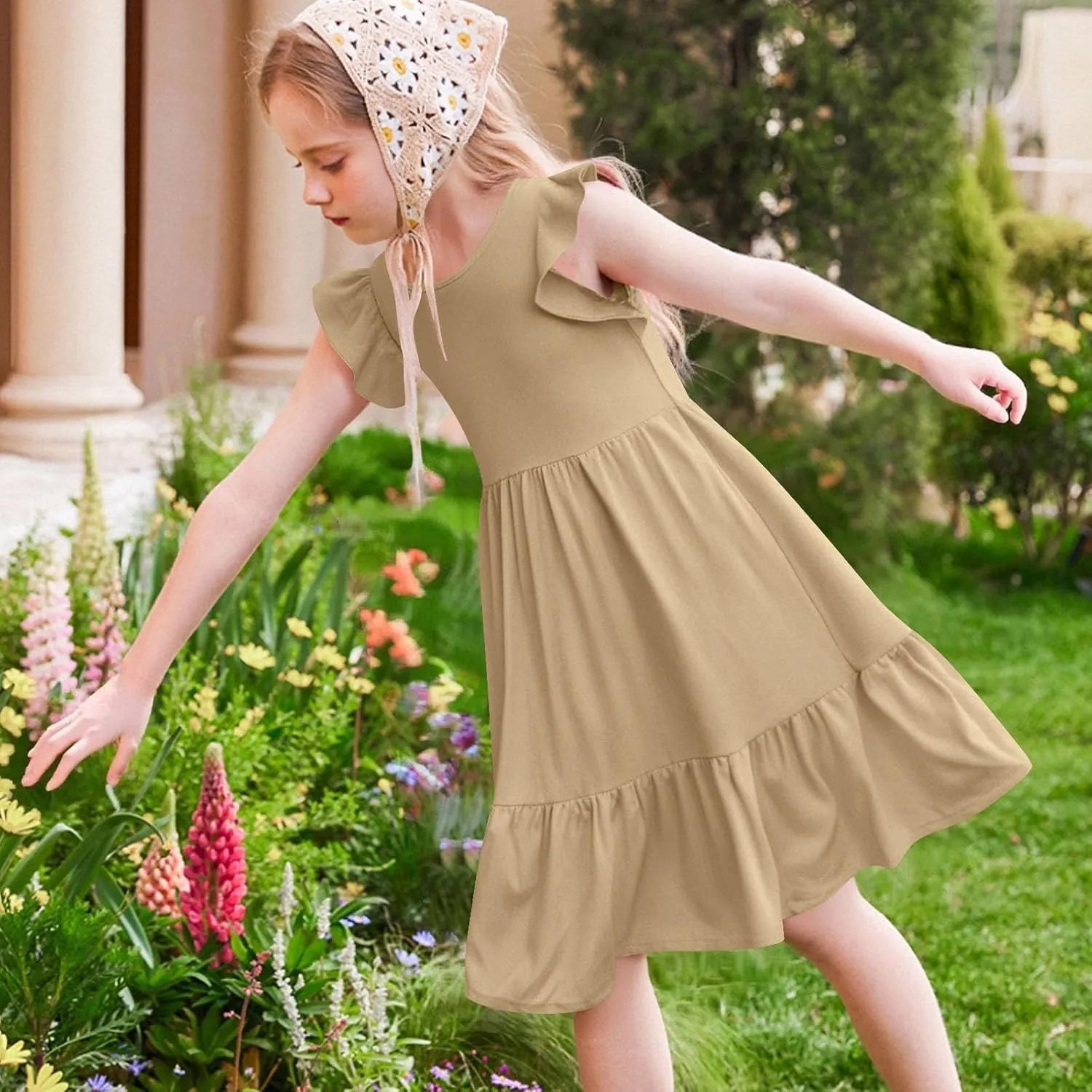 Girl's Summer Dresses Double Layer Ruffle Sleeve Dress Boho A Line Dress Swing Twirly Sundress Kids Casual Dresses