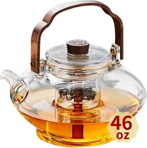Glass Teapot with 2 Infusers for Stovetop Safe, Thickened Heat-Resistant Borosilicate Glass, 46 fl oz, Glass Tea Kettle for Blooming and Loose Leaf Tea, Teapot with Steaming and Boiling Infuser