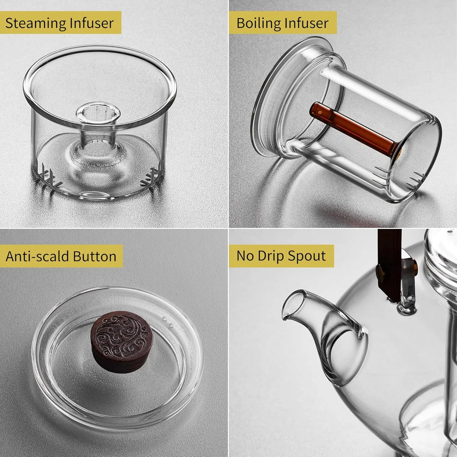 Glass Teapot with 2 Infusers for Stovetop Safe, Thickened Heat-Resistant Borosilicate Glass, 46 fl oz, Glass Tea Kettle for Blooming and Loose Leaf Tea, Teapot with Steaming and Boiling Infuser