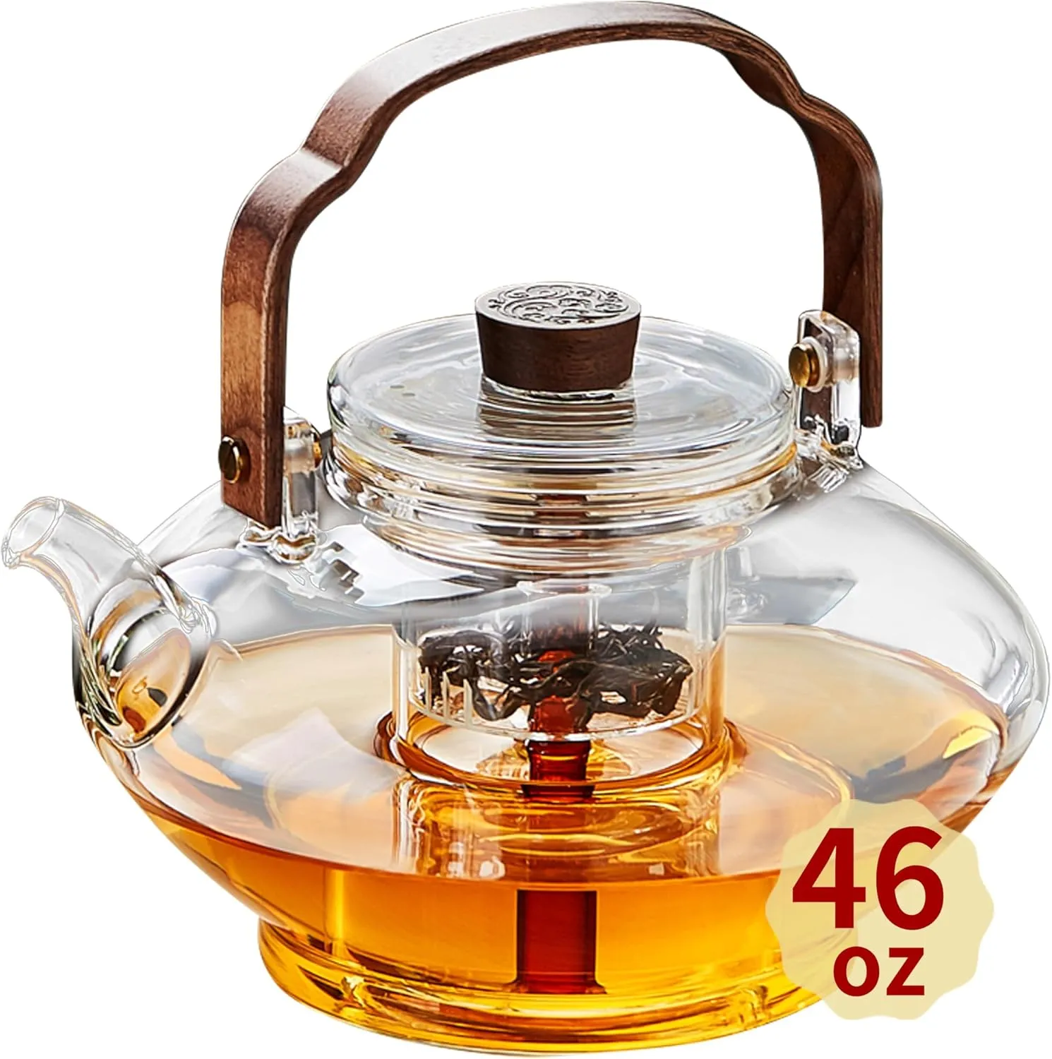 Glass Teapot with 2 Infusers for Stovetop Safe, Thickened Heat-Resistant Borosilicate Glass, 46 fl oz, Glass Tea Kettle for Blooming and Loose Leaf Tea, Teapot with Steaming and Boiling Infuser