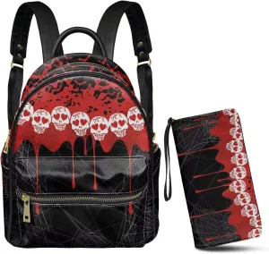 GLENLCWE Blood Skeleton Web Women’s Small Leather Backpack Purse Anti Theft Causal Backpack Zipper Travel Daypack and Handbag Clutch,Set of 2